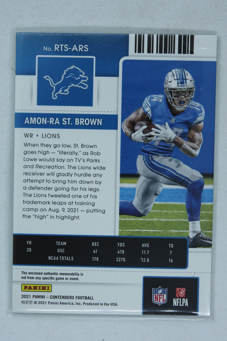 Amon-Ra St. Brown 2021 Panini Contenders - Rookie Ticket Swatches - Rookie Year