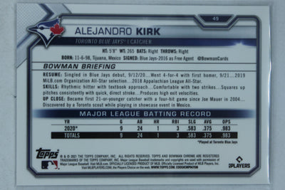Alejandro Kirk 2021 Bowman Chrome - Purple Refractor Rookie Card #034/250