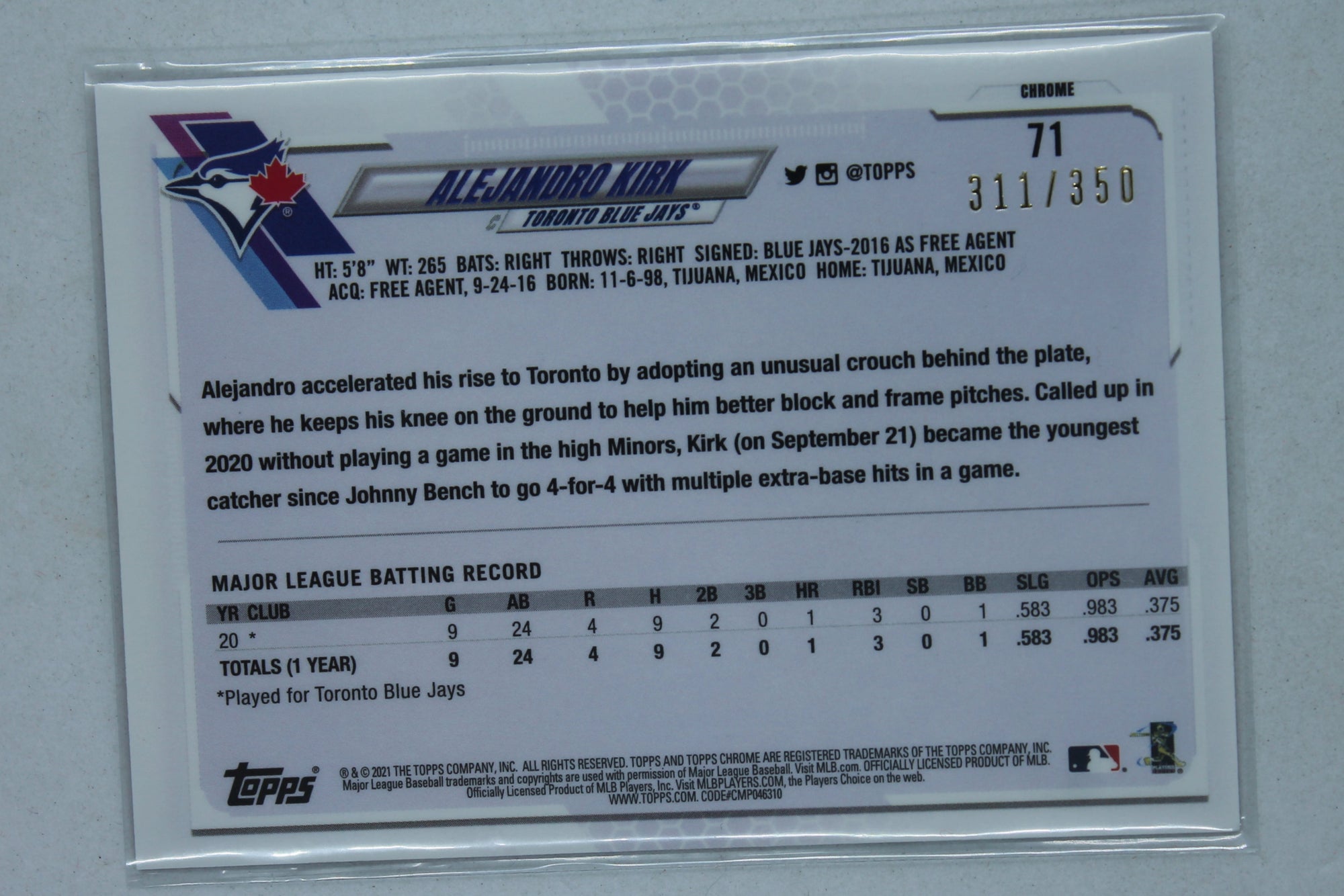 Alejandro Kirk 2021 Topps Chrome Magenta Speckle Refractor Rookie Card #311/350