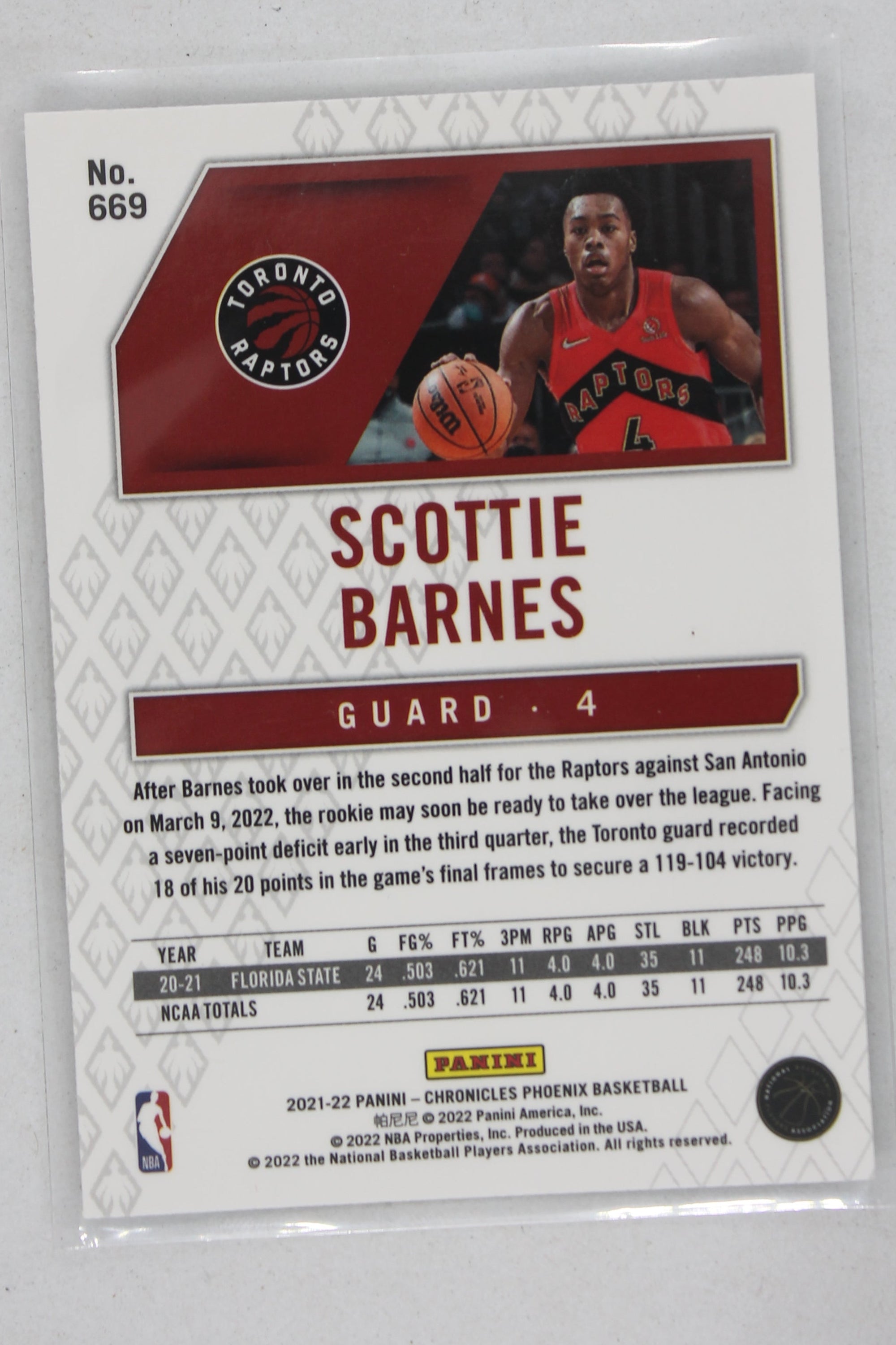 NBA Scottie Barnes 2021-22 Panini Chronicles Phoenix Rookie Card