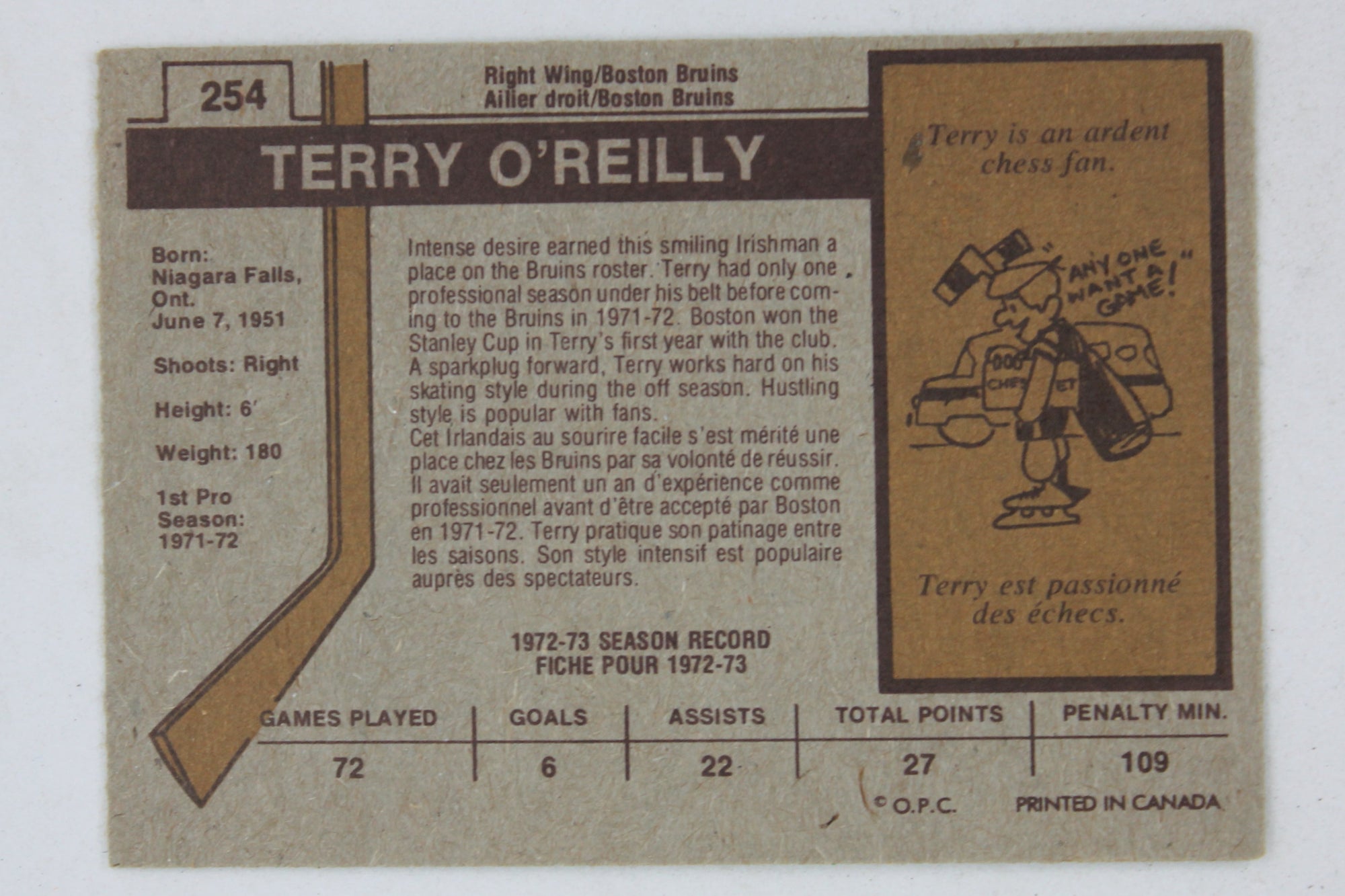 Terry O'Reilly 1973-74 O-Pee-Chee Rookie Card - Boston Bruins