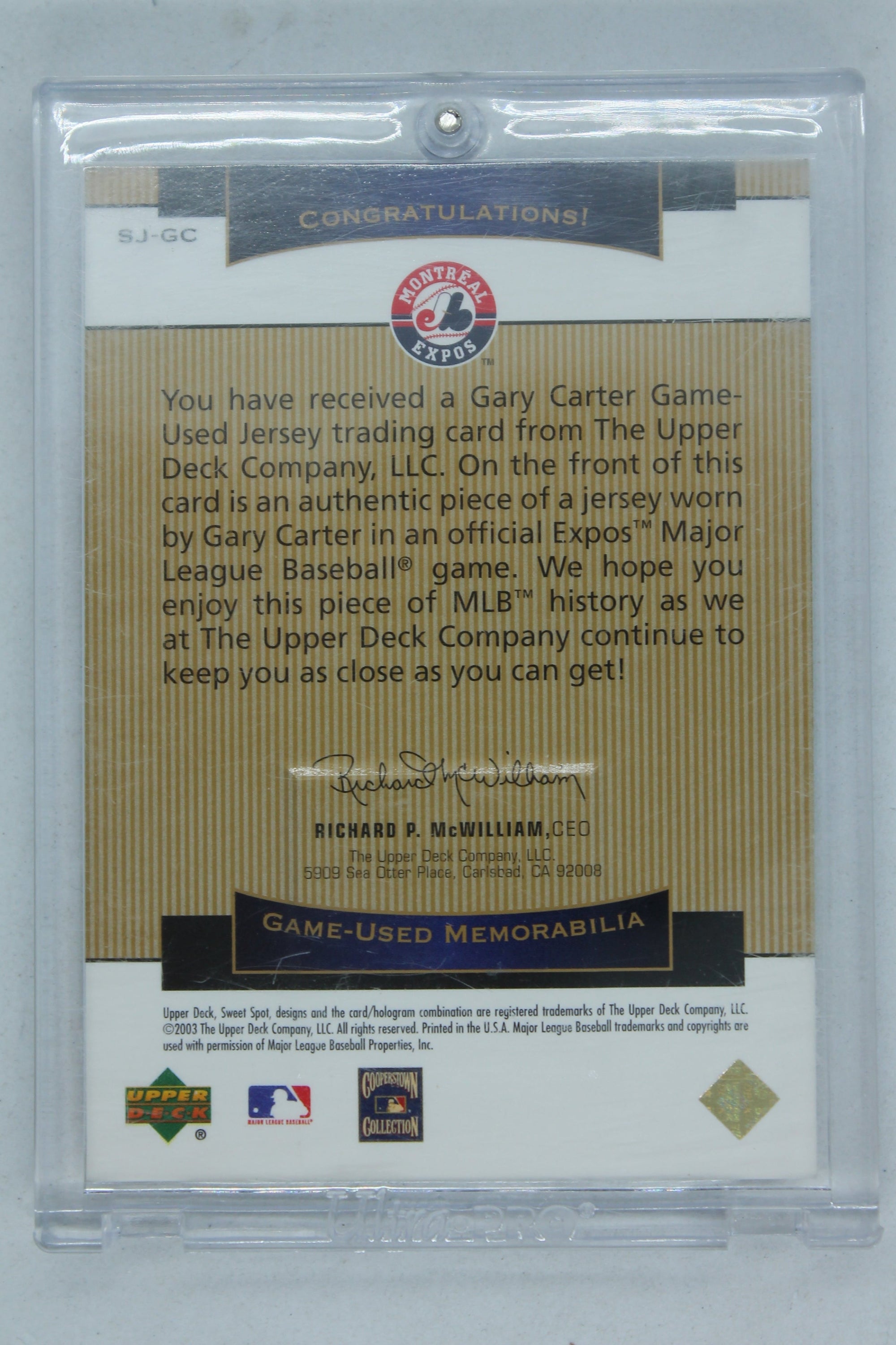 Gary Carter 2003 Upper Deck Sweet Spot Classic Game Used Memorabilia #SJ-GC