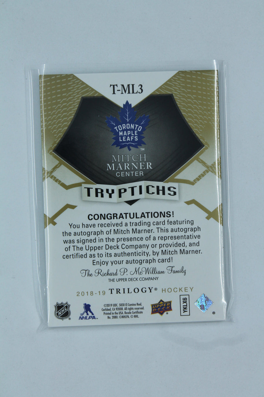 Mitch Marner 2018-19 Upper Deck Trilogy- Tryptichs Autographs/Relics - #T-ML3 #10/49