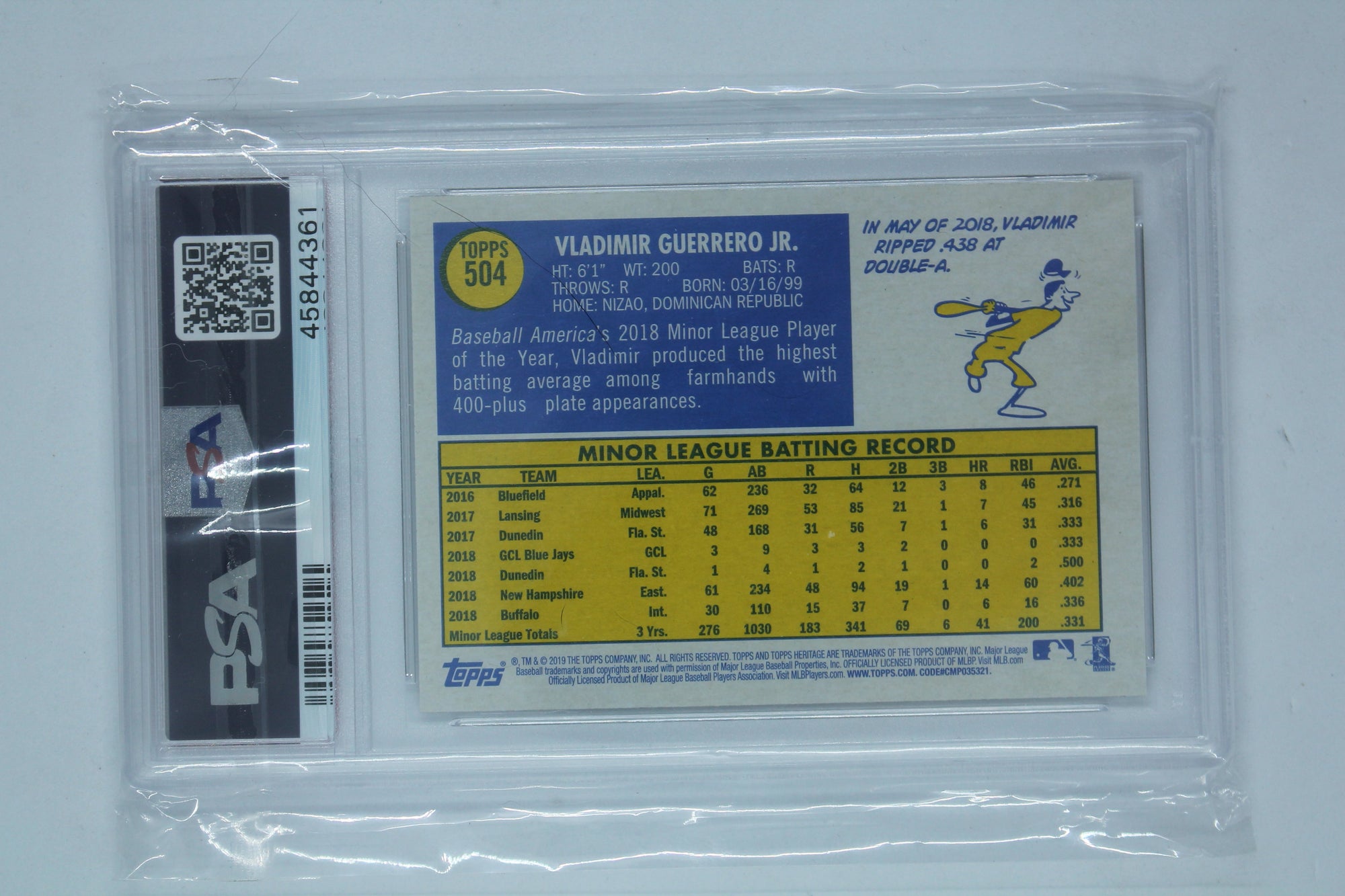 Vladimir Guerrero Jr. Rookie Card 2019 Topps Heritage - PSA Mint 9