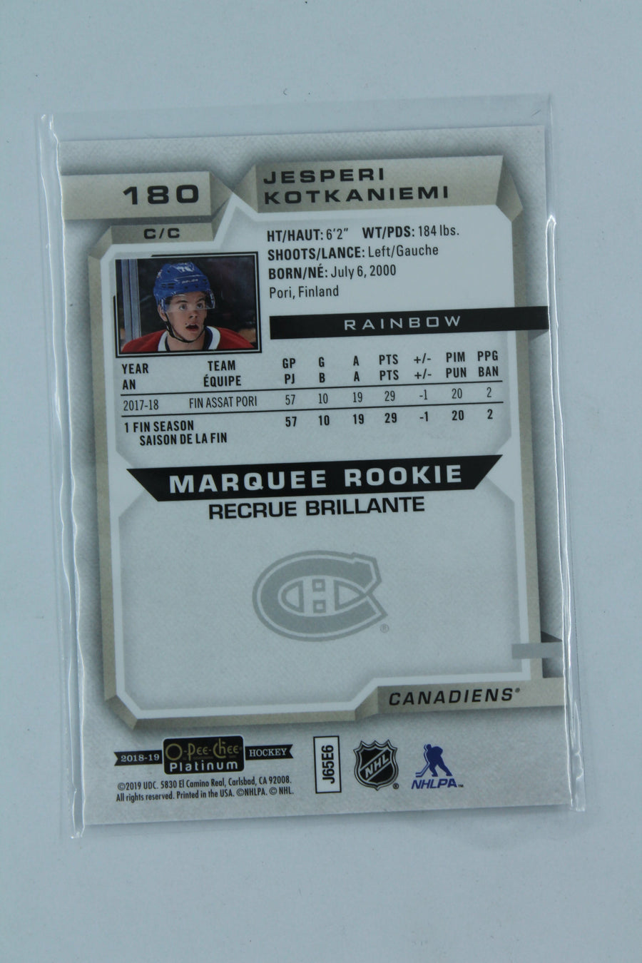 Jesperi Kotkaniemi 2018-19 0-Pee-Chee Platinum Rainbow Rookie Card