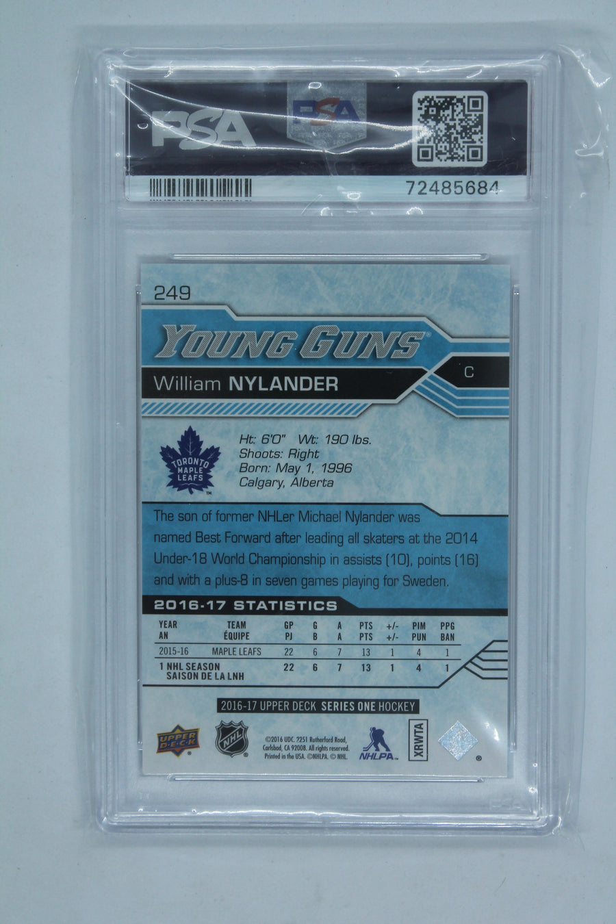 William Nylander 2016-17 Upper Deck Young Guns Rookie Card - PSA 9 Mint