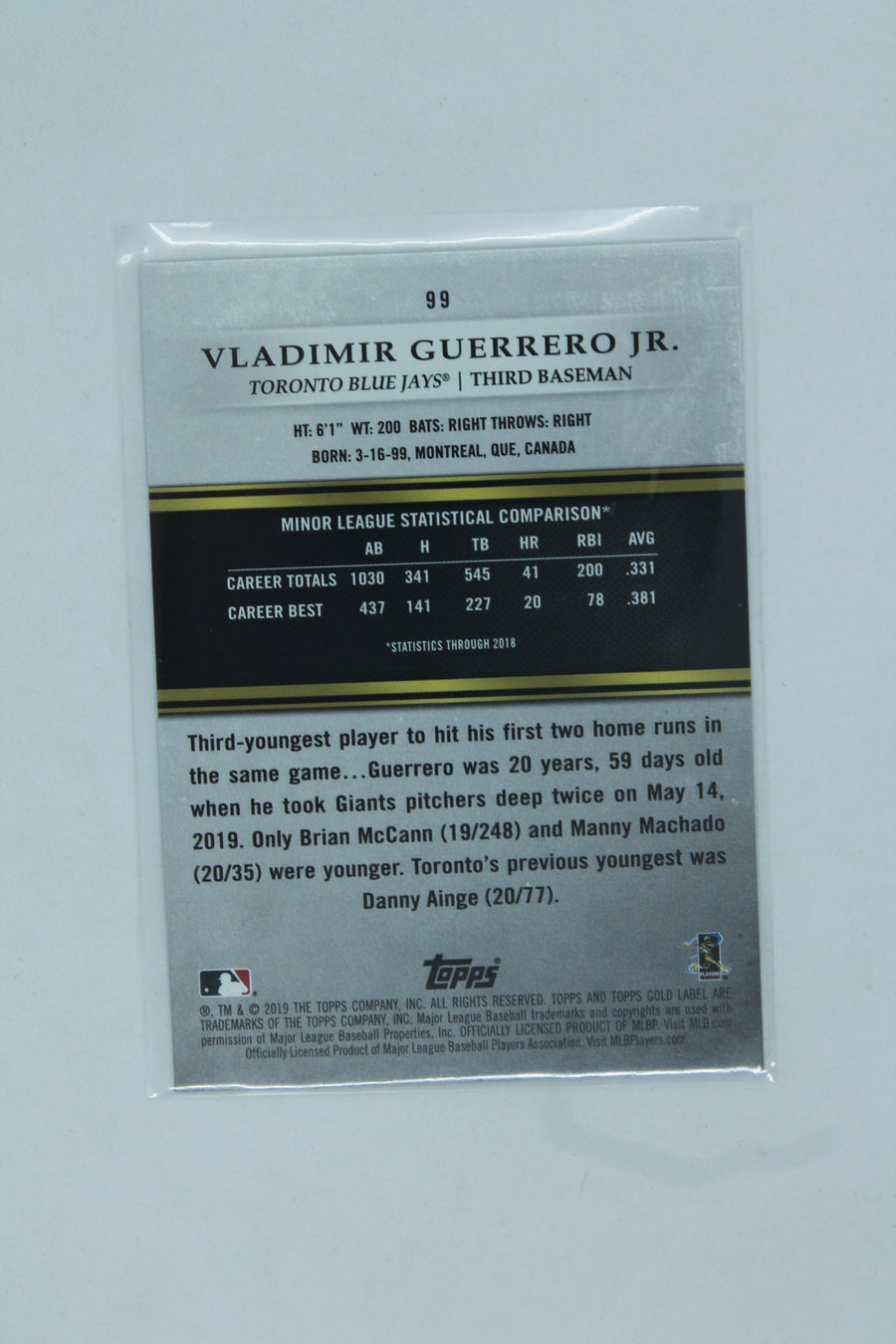 Vladimir Guerrero Jr. 2019 Topps Gold Label Rookie Card - Throwing