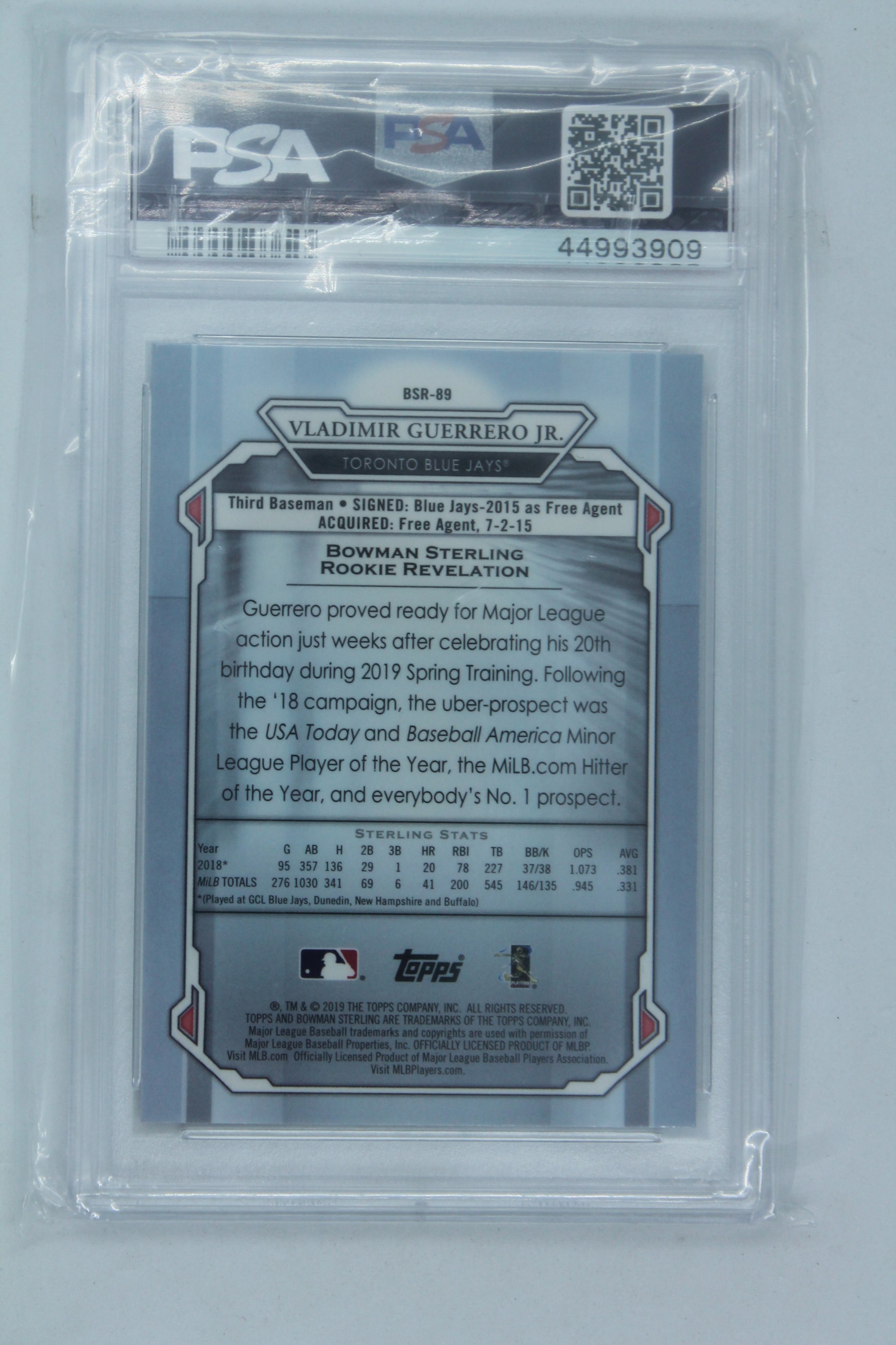 Vladimir Guerrero Jr. 2019 Bowman Sterling Rookie Card - PSA Mint 9