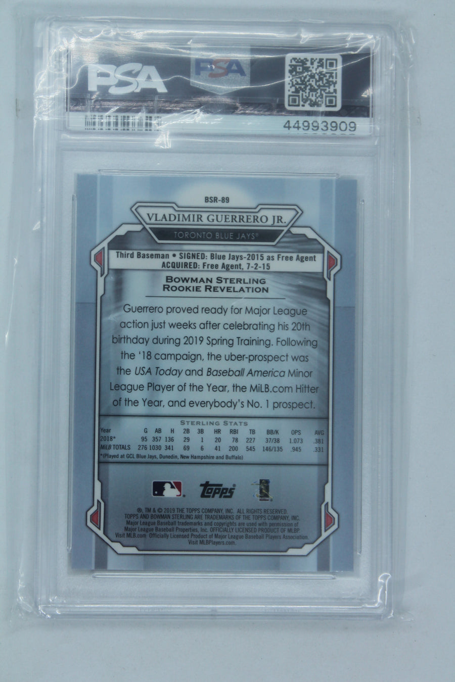 Vladimir Guerrero Jr. 2019 Bowman Sterling Rookie Card - PSA Mint 9