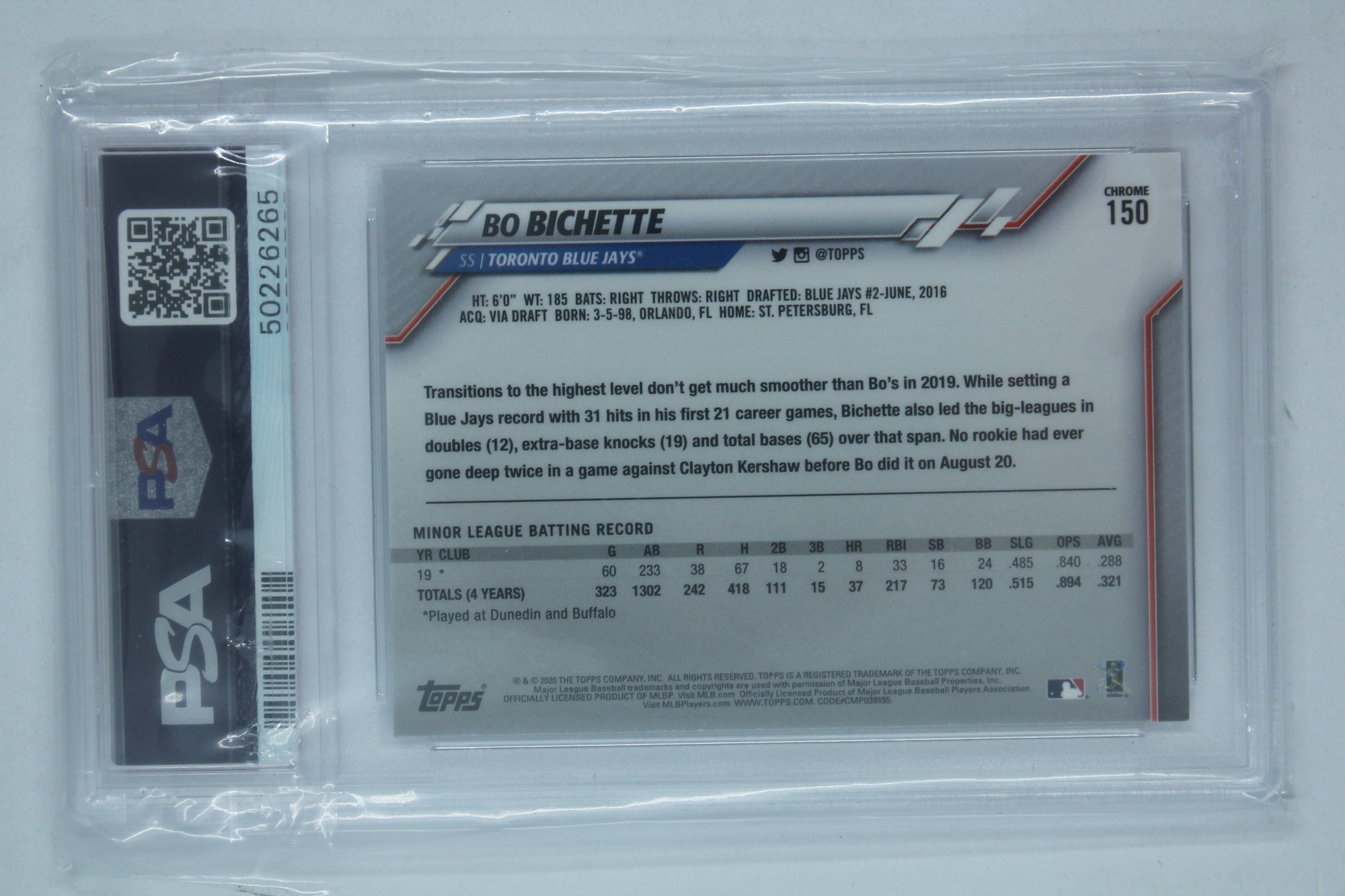 Bo Bichette 2020 Topps Chrome Rookie Card PSA Mint 9