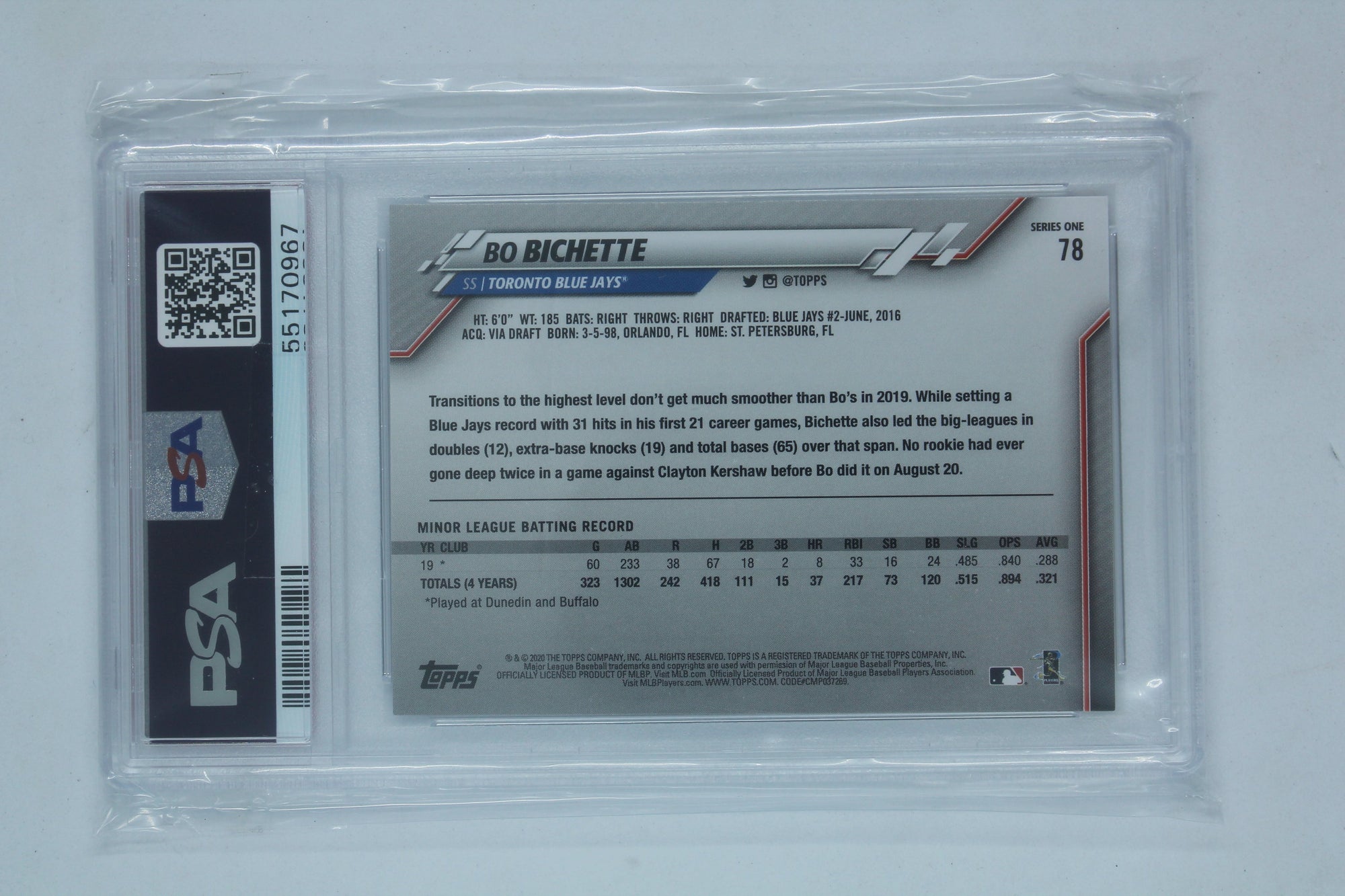 Bo Bichette 2020 Topps Rookie Card - Graded PSA 9