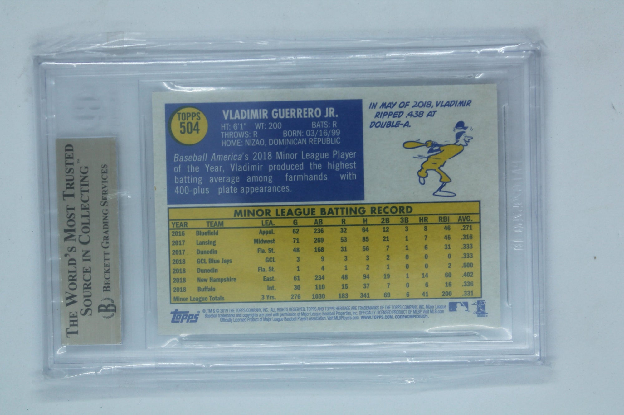 Vladimir Guerrero Jr. Rookie Card 2019 Topps Heritage - Beckett GEM MINT 9.5