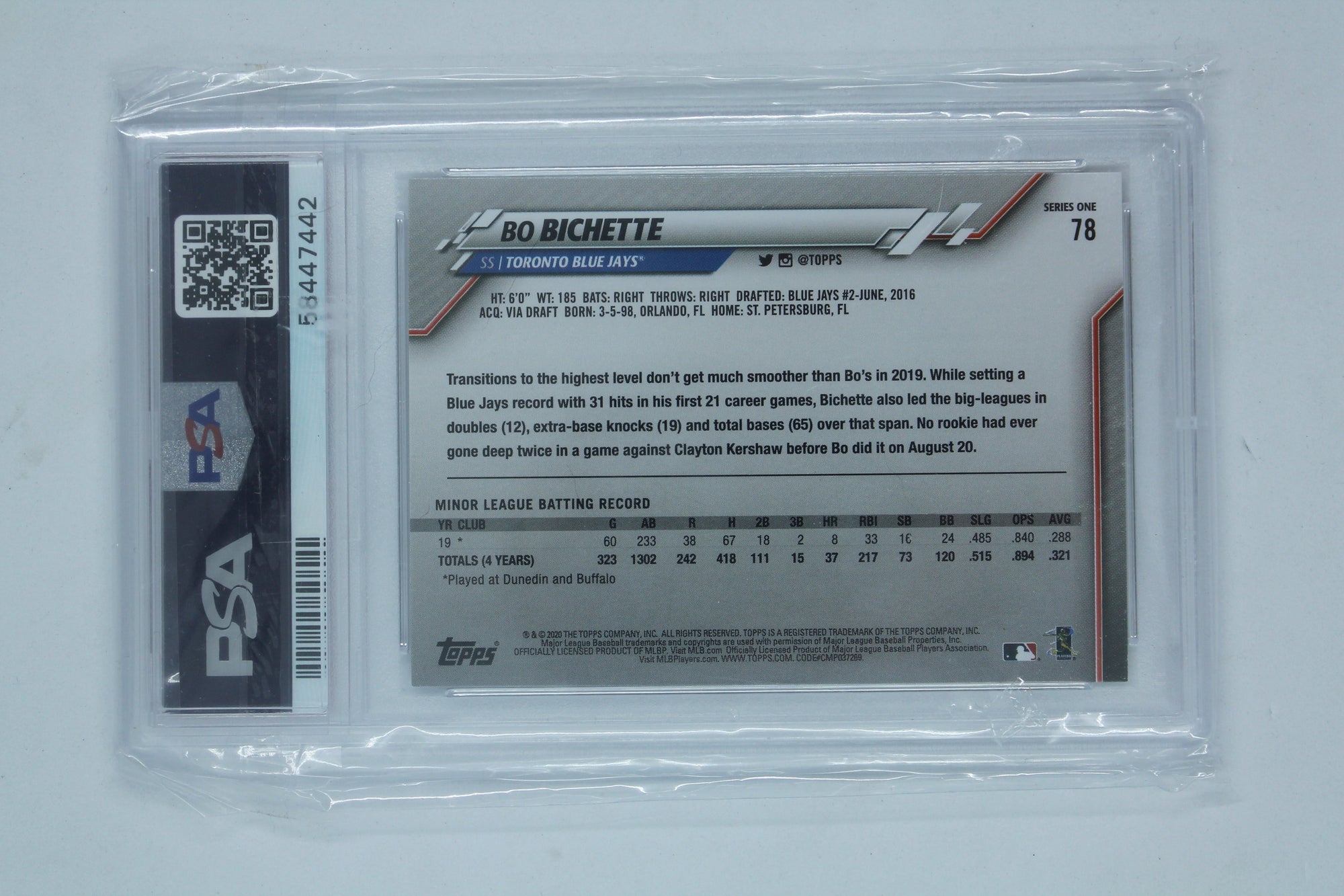 Bo Bichette 2020 Topps Rookie Card - Graded PSA 9