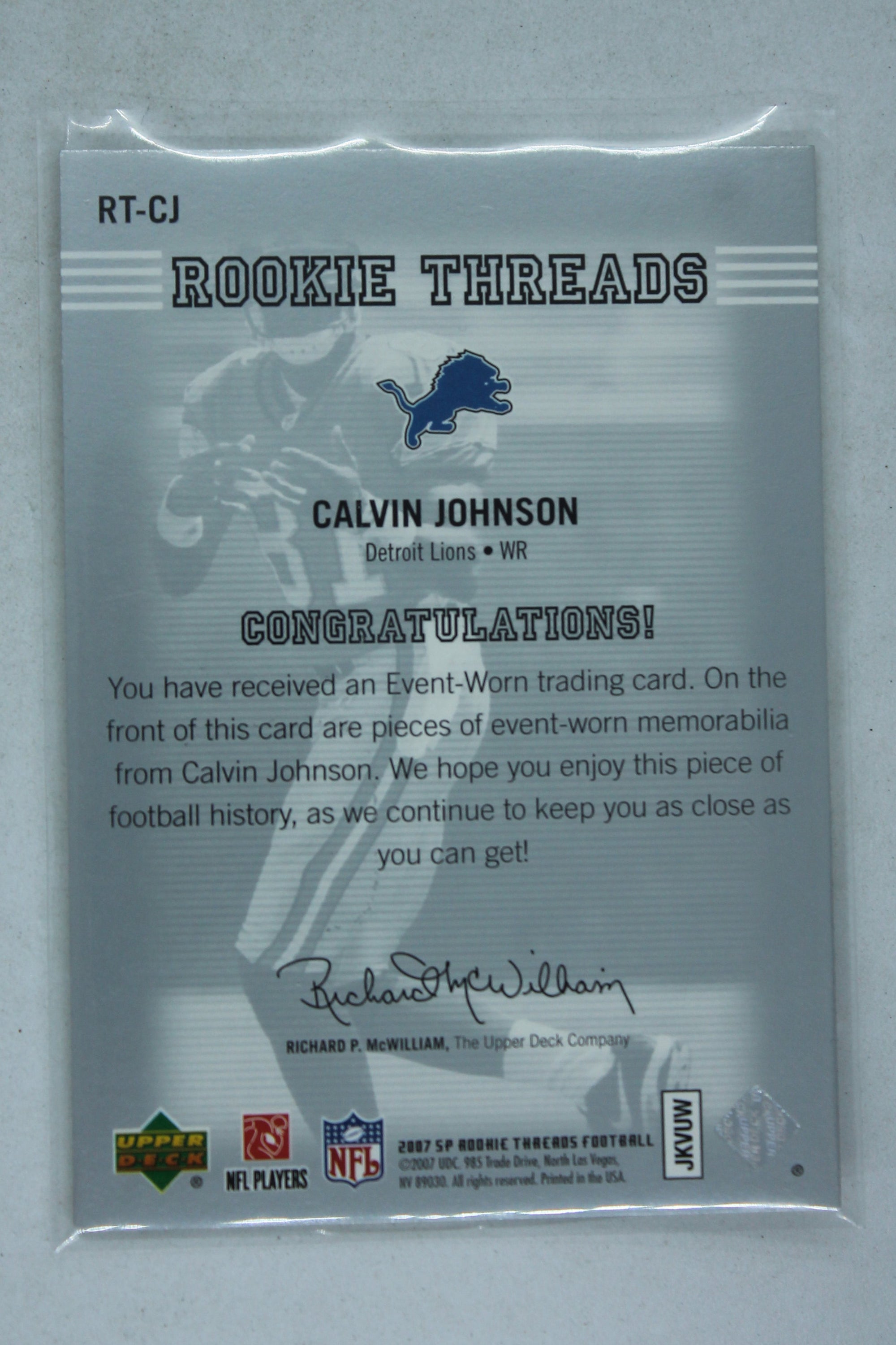 Calvin Johnson 2007 SP Rookie Threads - Authentic Player Worn Patch - RT-CJ - Rookie Year