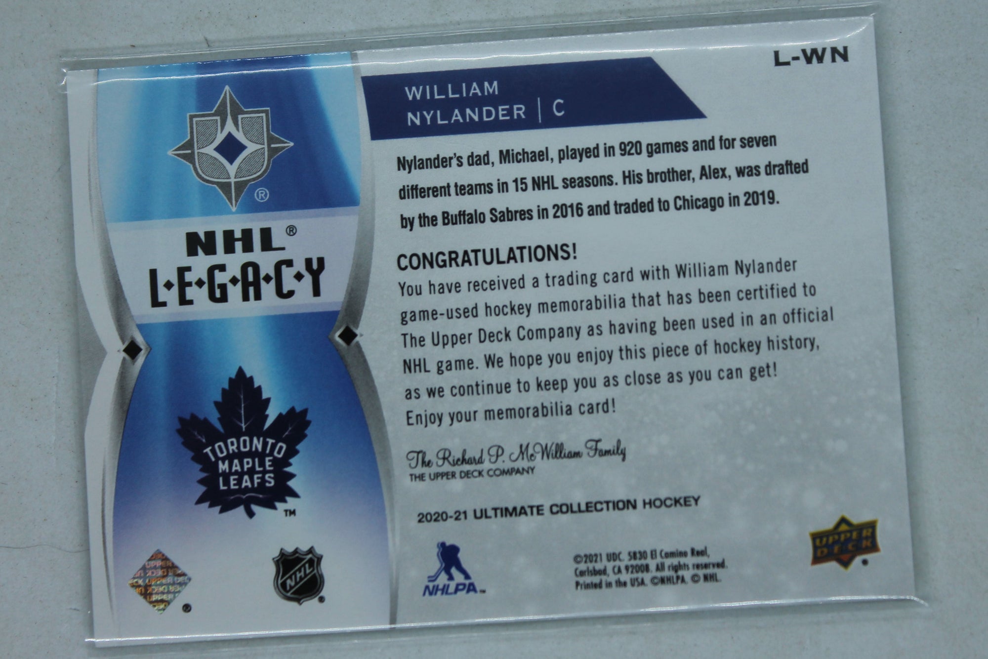 William Nylander 2020-21 Upper Deck Ultimate Collection - NHL Legacy Jersey Relics #L-WN Jersey Card