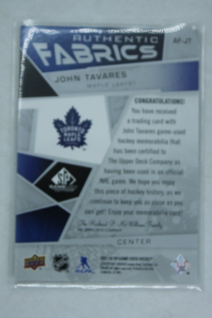 John Tavares 2021-22 UD SP Game-Used - Authentic Fabrics - Jersey Card
