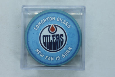 NHL Edmonton Oilers "New Fan is Born" Hockey Puck (Baby blue) in Puck Case