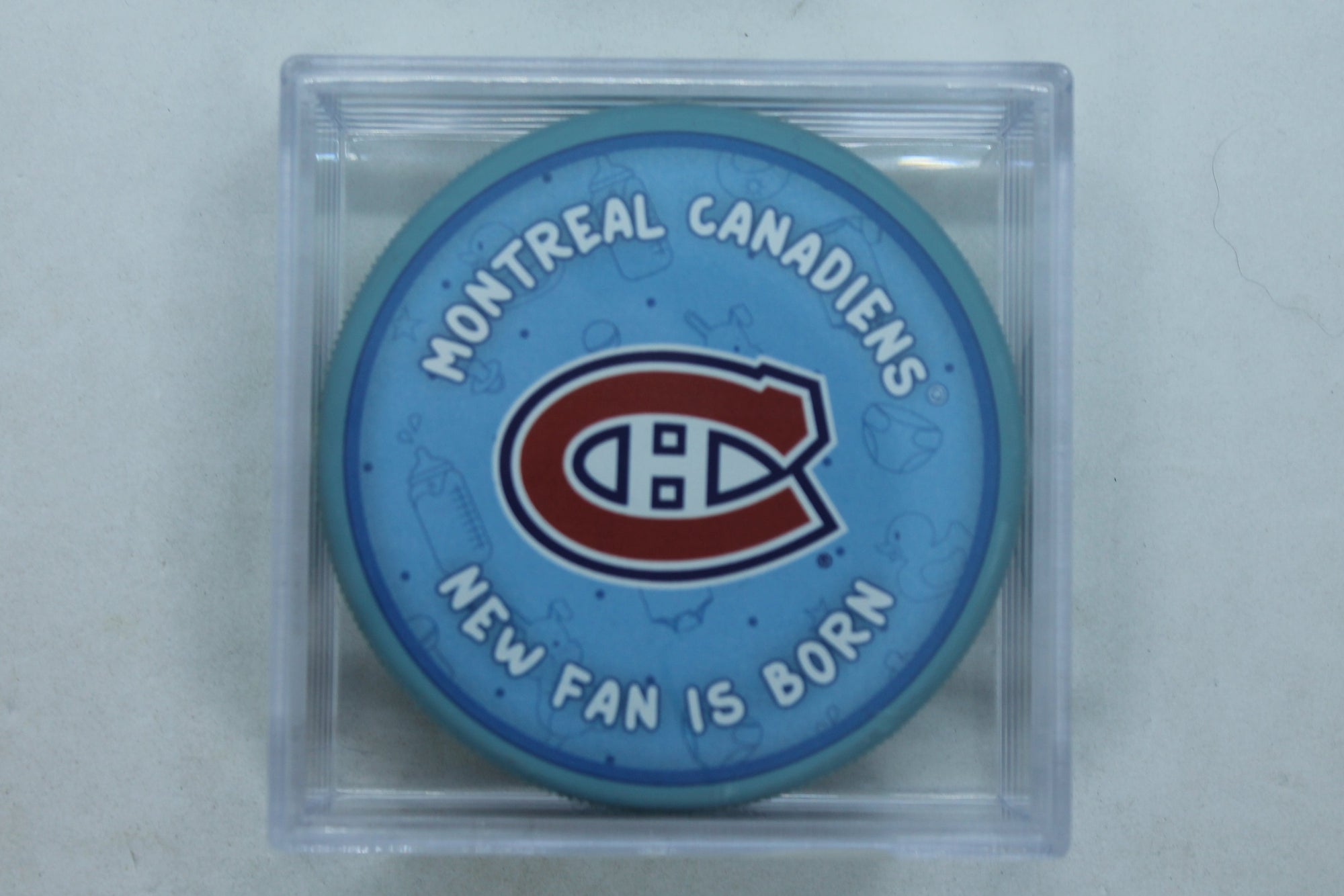 NHL Montreal Canadiens "New Fan is Born" Hockey Puck (Baby blue) in Puck Case