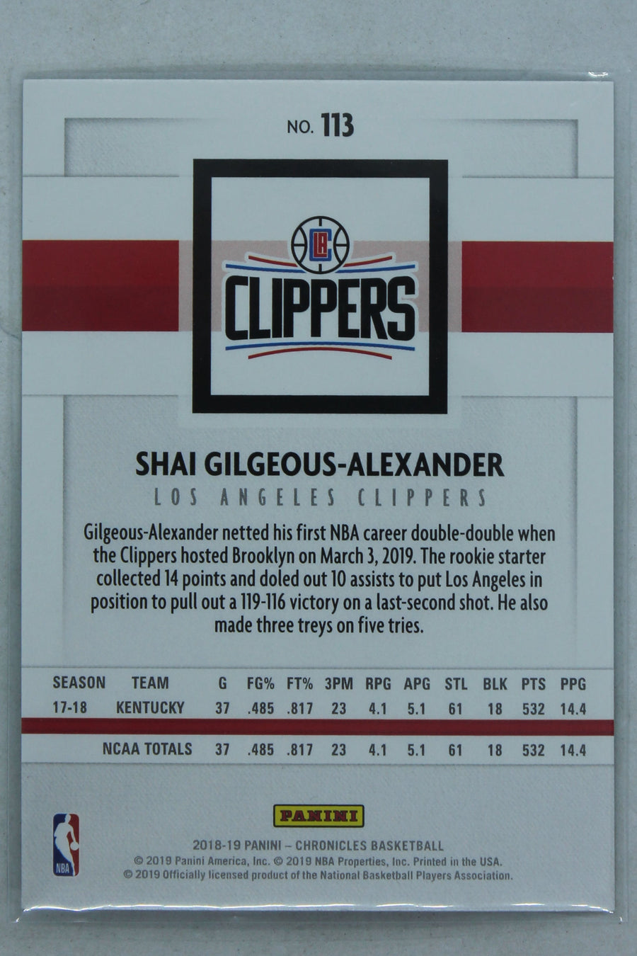 Shai Gilgeous Alexander 2018 Panini Chronicles Rookie Card