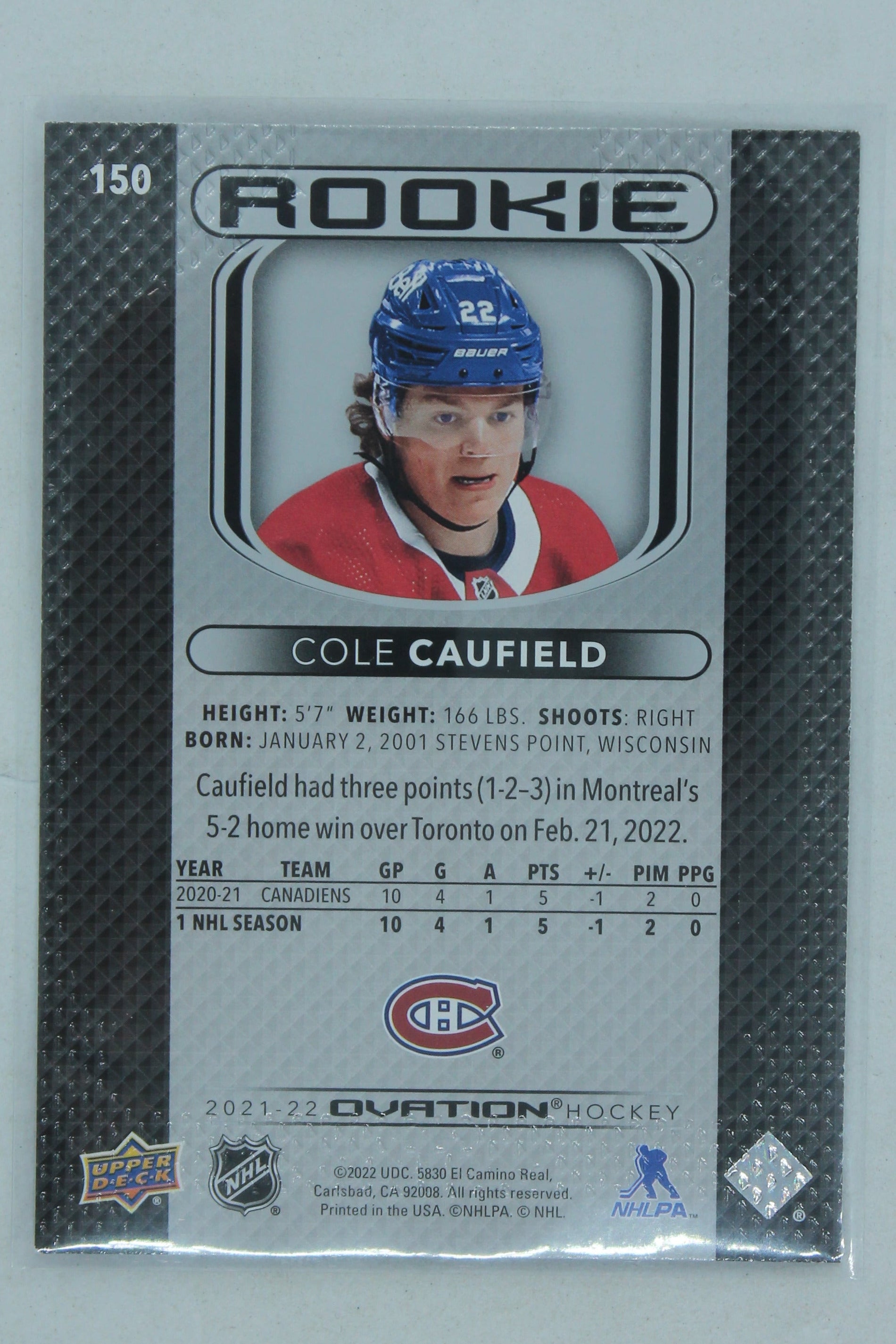 Cole Caufield 2021-22 Upper Deck Ovation Rookies Rookie Card