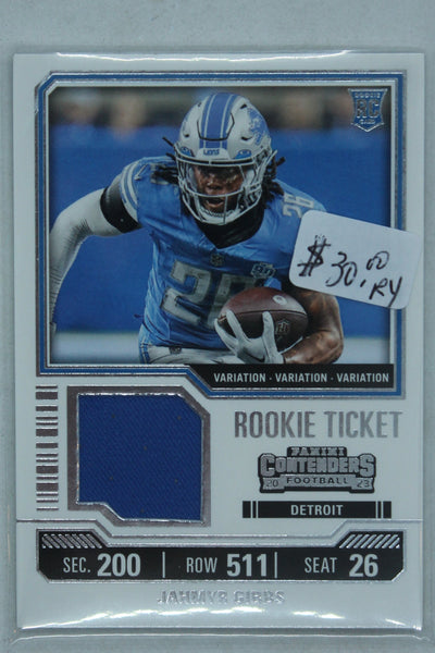 Jahmyr Gibbs 2023 Panini Contenders - Rookie Ticket Swatches - Variations #TS12V - Rookie Year Jersey card