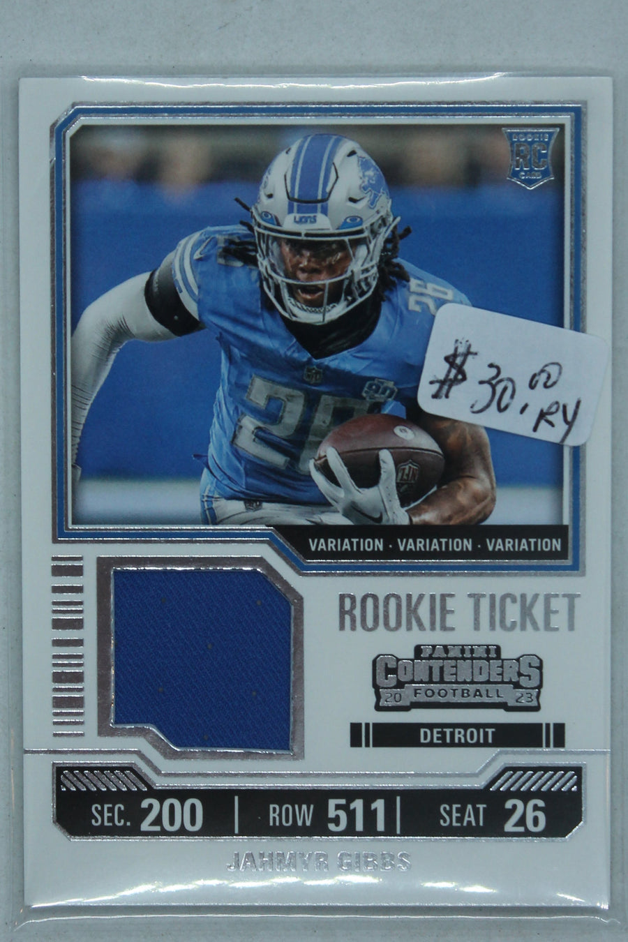 Jahmyr Gibbs 2023 Panini Contenders - Rookie Ticket Swatches - Variations #TS12V - Rookie Year Jersey card