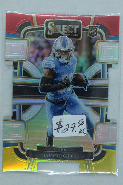 Jahmyr Gibbs 2023 Panini Select Red & Yellow Prizm Die-Cut Concourse Rookie Card