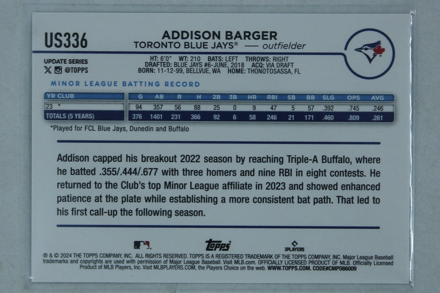 Addison Barger 2024 Topps Update Series Rookie Card