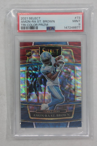 Amon-Ra St. Brown 2021 Panini Select - Tri-Colour Prizm Rookie Card - PSA MINT 9 #144/249