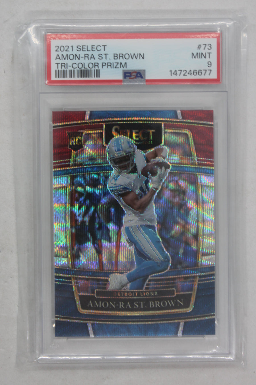 Amon-Ra St. Brown 2021 Panini Select - Tri-Colour Prizm Rookie Card - PSA MINT 9 #144/249