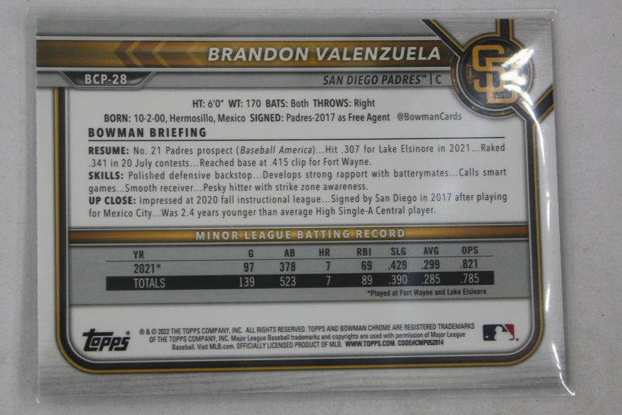 2022 Bowman Chrome - Prospects Mojo Refractor #BCP-28 Brandon Valenzuela PRC