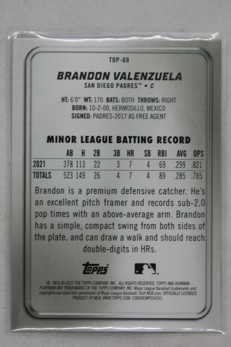2022 Bowman Platinum - Top Prospects - Ice Foilboard #Top-69 Brandon Valenzuela PRC