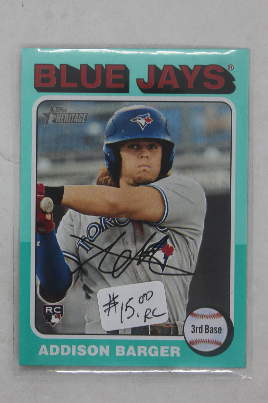 Addison Barger 2024 Topps Heritage High Number Aqua Border SP Rookie Card