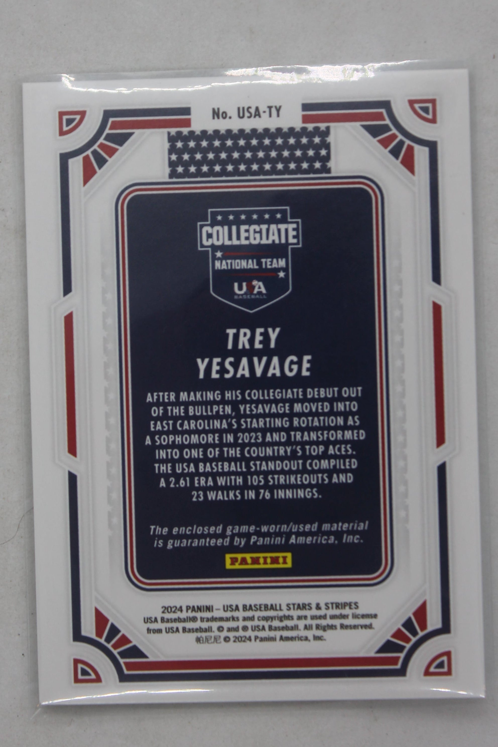 Trey Yesavage 2024 Panini Stars & Stripes - USA Materials Jersey Card PRC