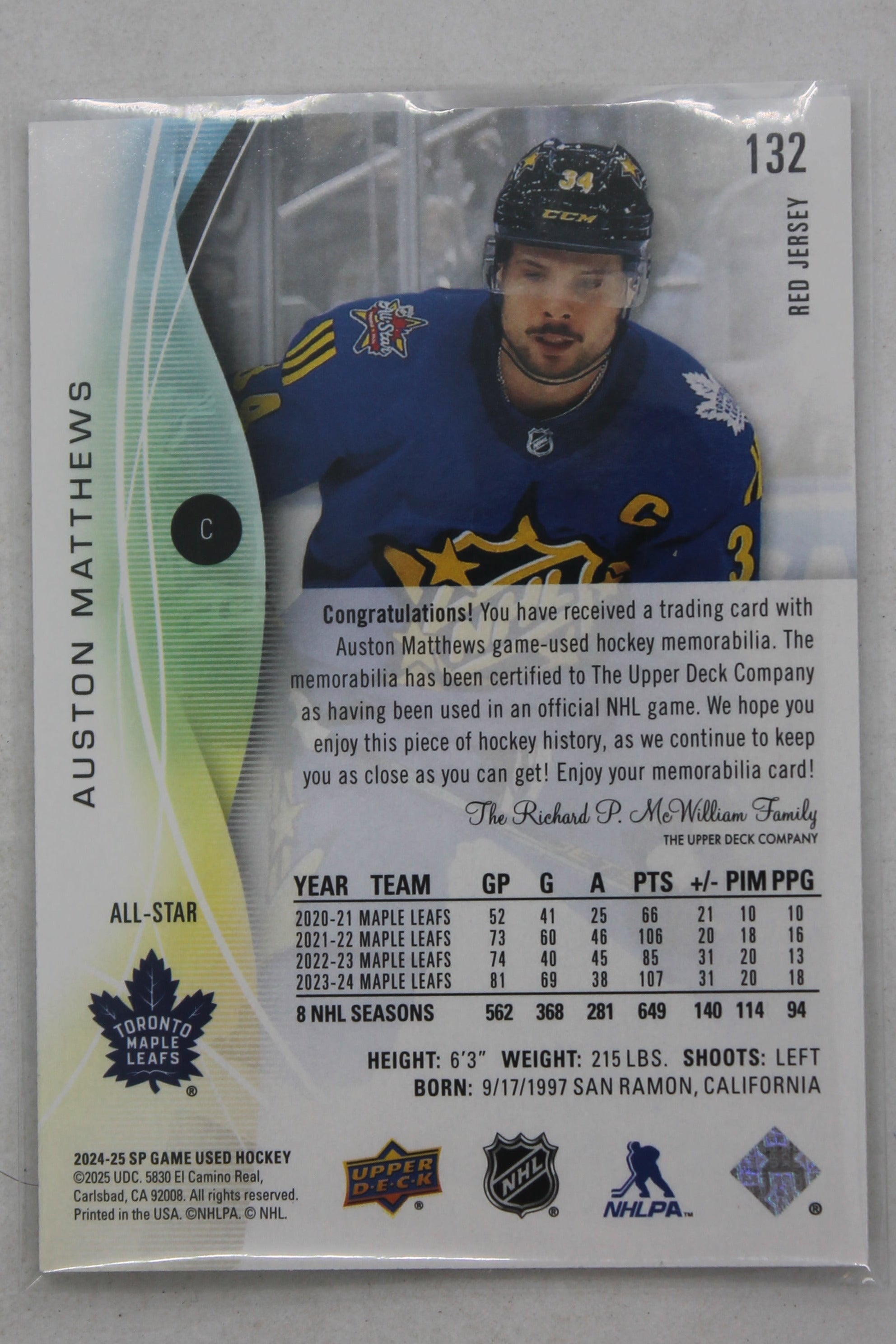 Auston Matthews 2024-25 Upper Deck SP Game-Used Red Jersey Card - Toronto Maple Leafs