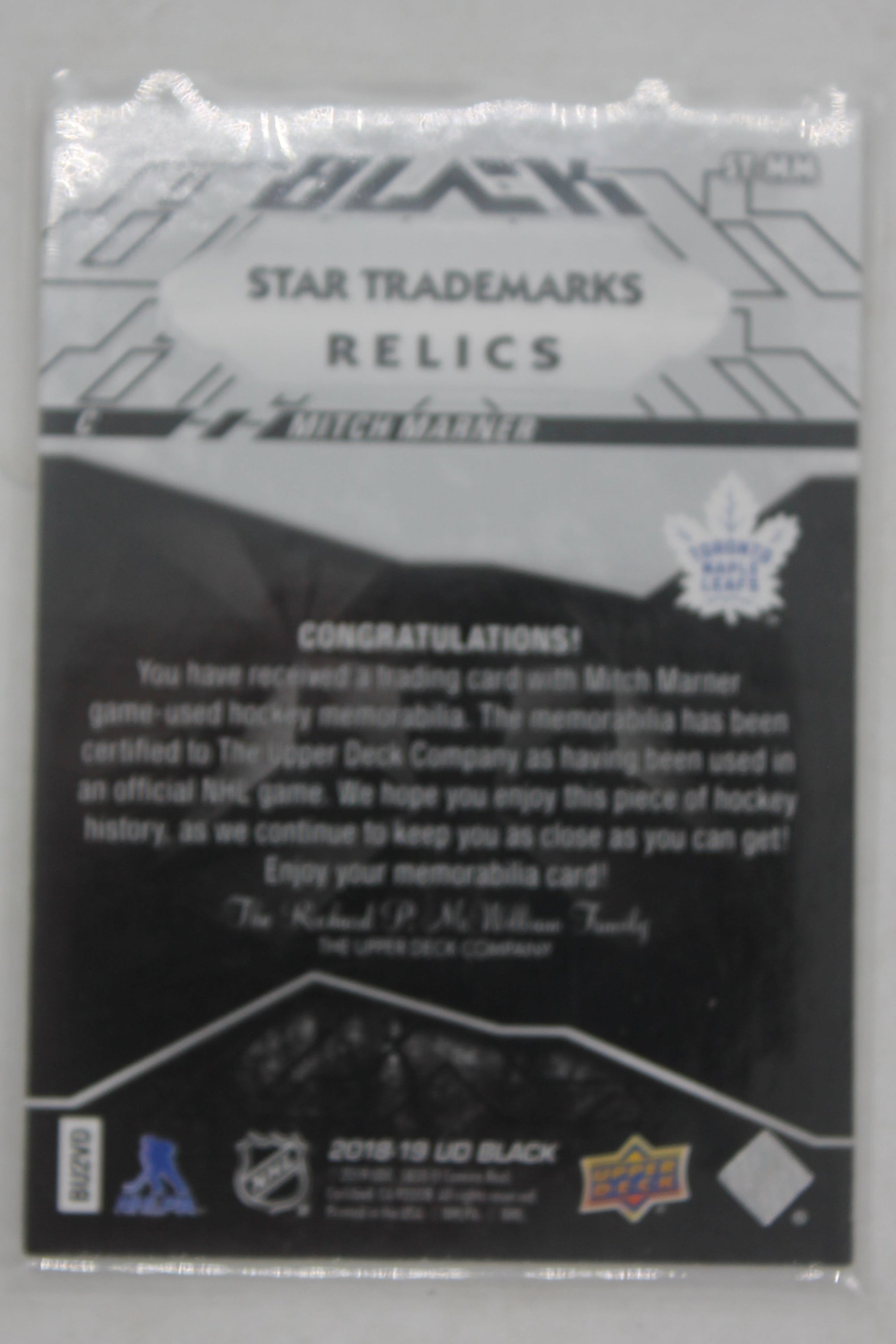 Mitch Marner 2018-19 SPx - UD Black Star Trademarks Relics #096/199 Jersey Card