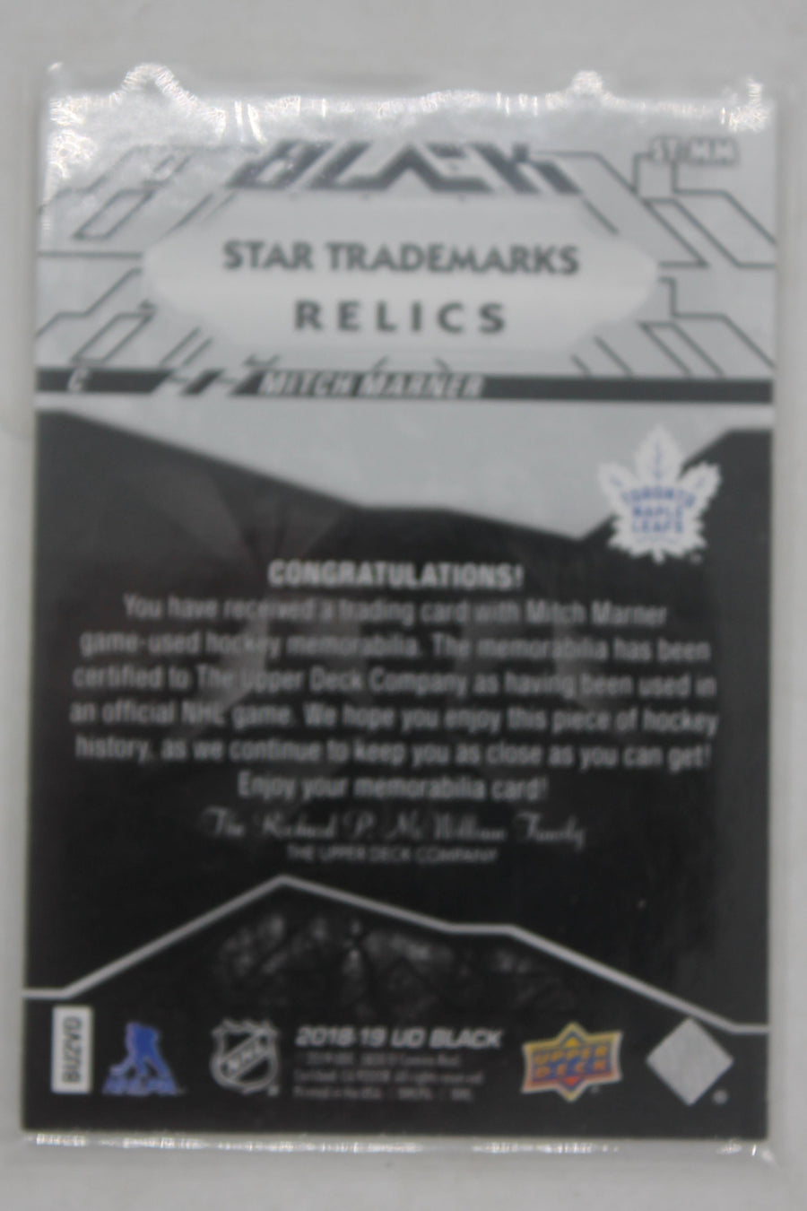 Mitch Marner 2018-19 SPx - UD Black Star Trademarks Relics #096/199 Jersey Card