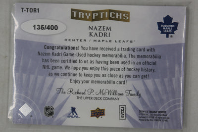 Nazem Kadri 2014-15 Upper Deck Trilogy - Tryptichs - Jerseys #135/400 - Jersey Card