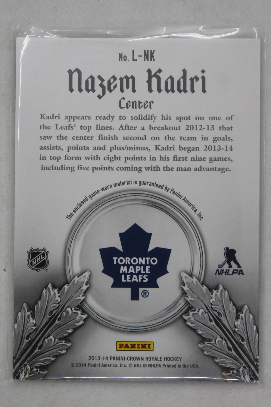 Nazem Kadri 2013-14 Panini Crown Royale - Lords of the NHL Materials - Jersey Card