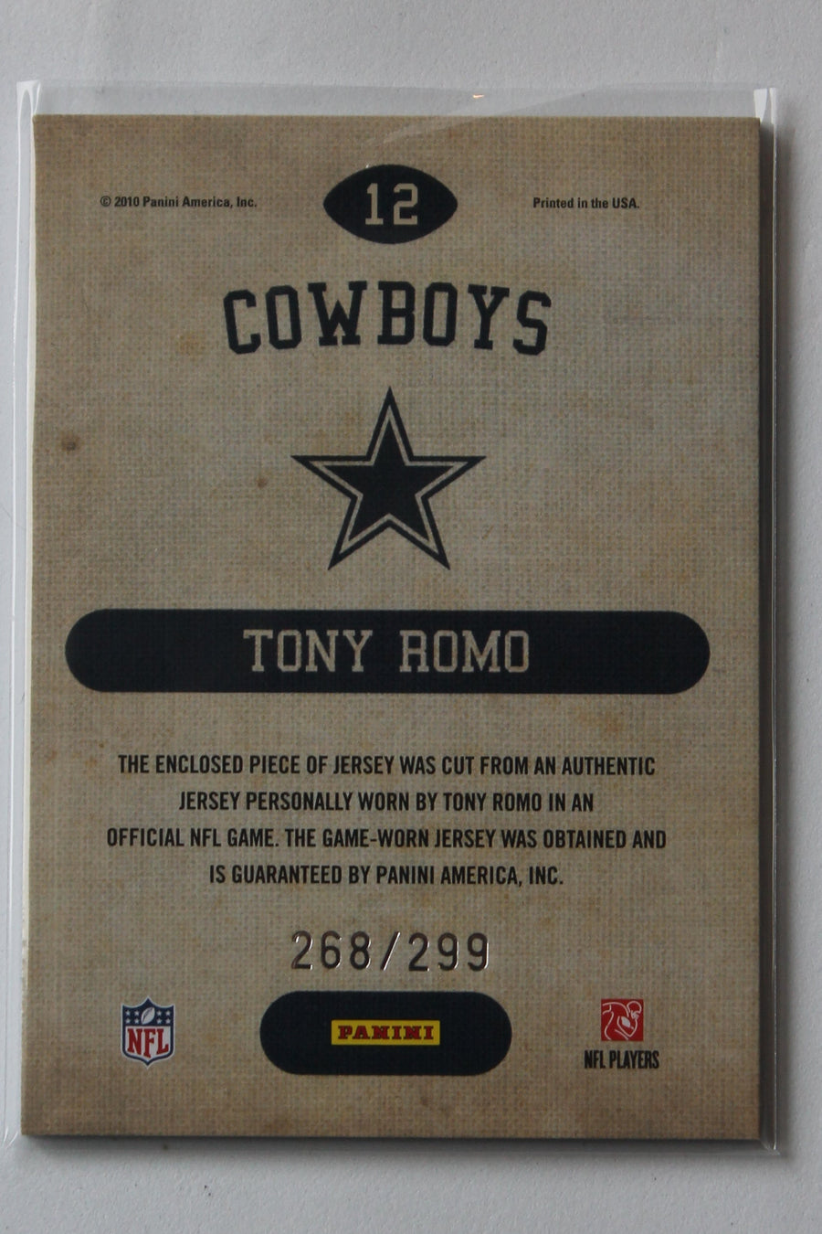 Tony Romo 2010 Panini Threads - Game Day Jerseys - #12 Jersey Card #268/299