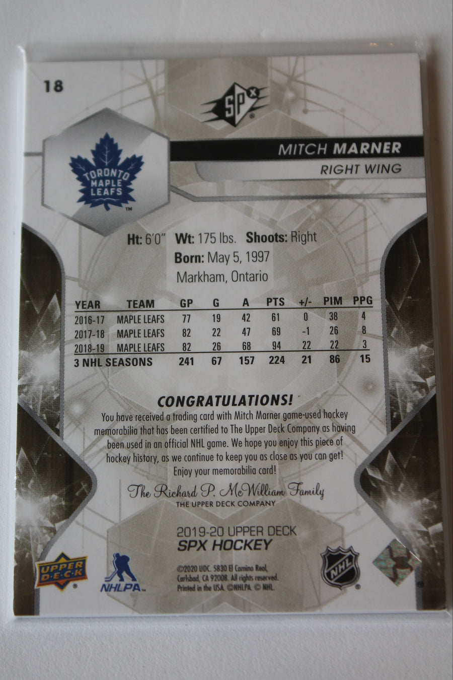 Mitch Marner 2019-20 SPx - Memorabilia #119/199 Jersey Card