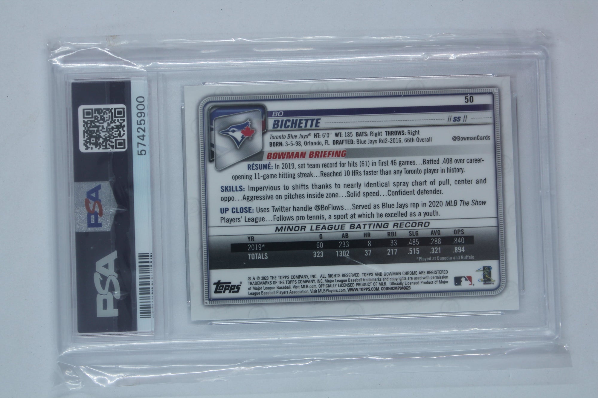 Bo Bichette  2020 Bowman Chrome Rookie Card - PSA Mint 9