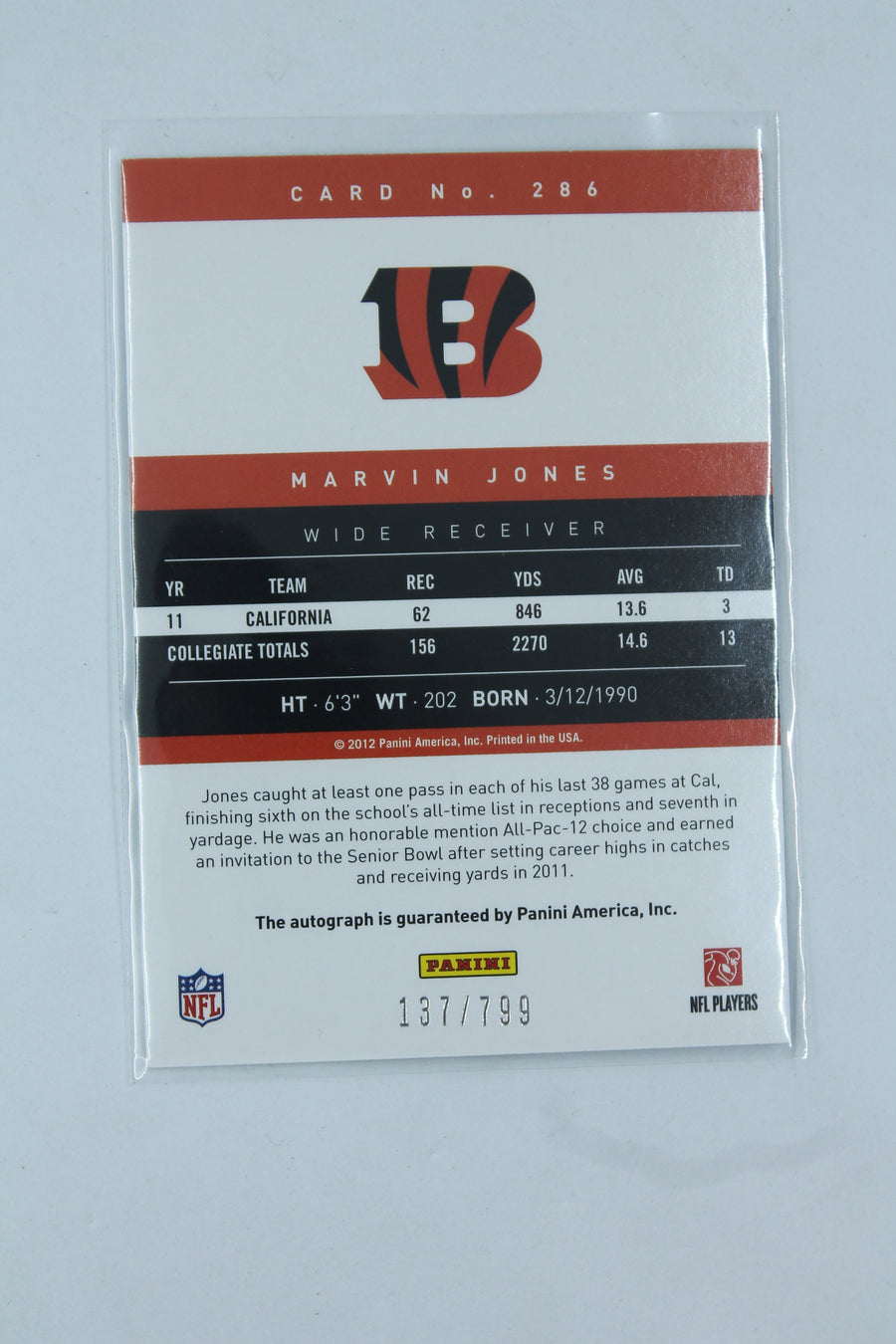 Marvin Jones 2012 Playoff Prestige - Signatures Rookie - Rookie Card #137/799