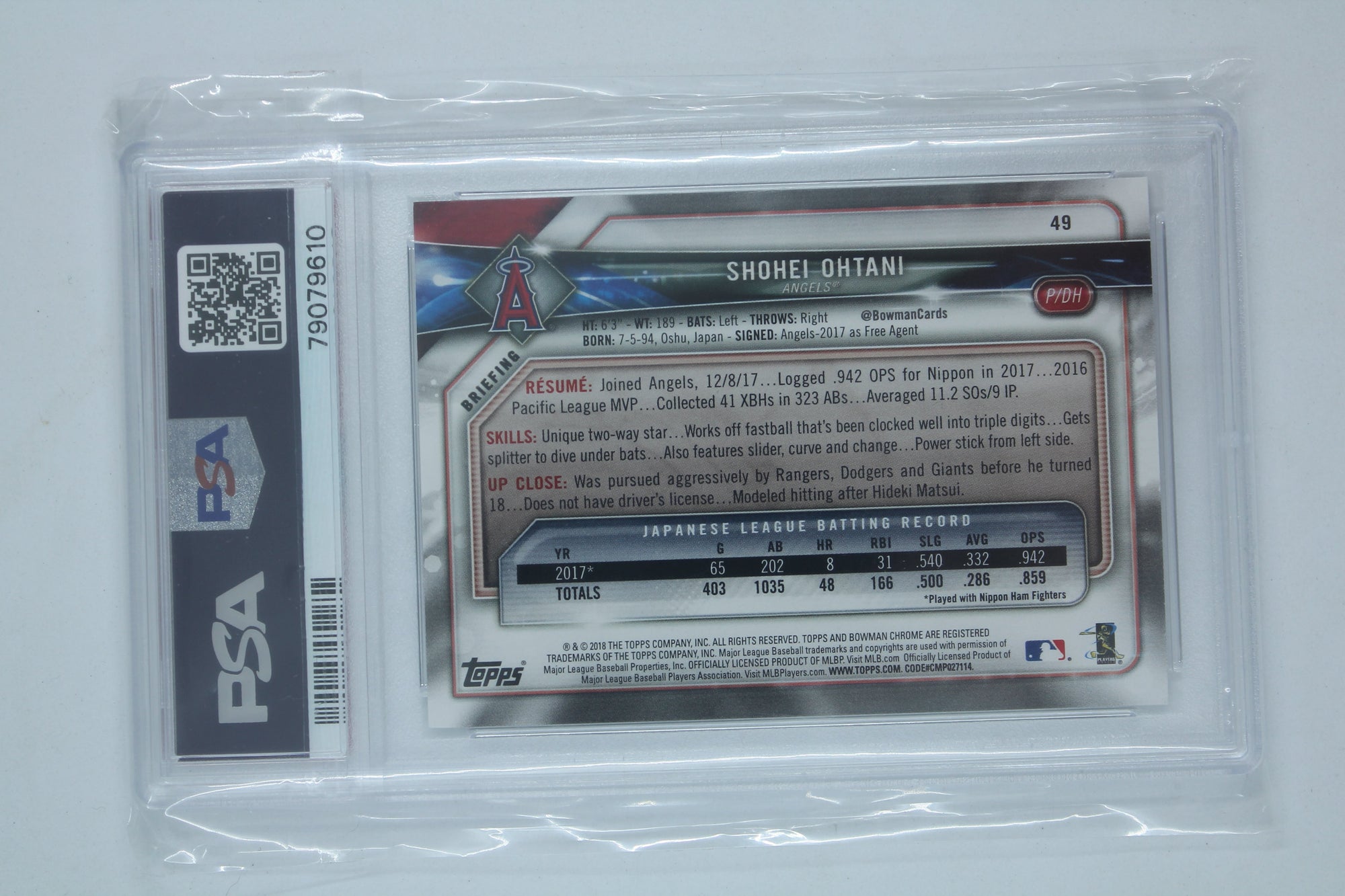 Shohei Ohtani 2018 Bowman Rookie Card - PSA Mint 9