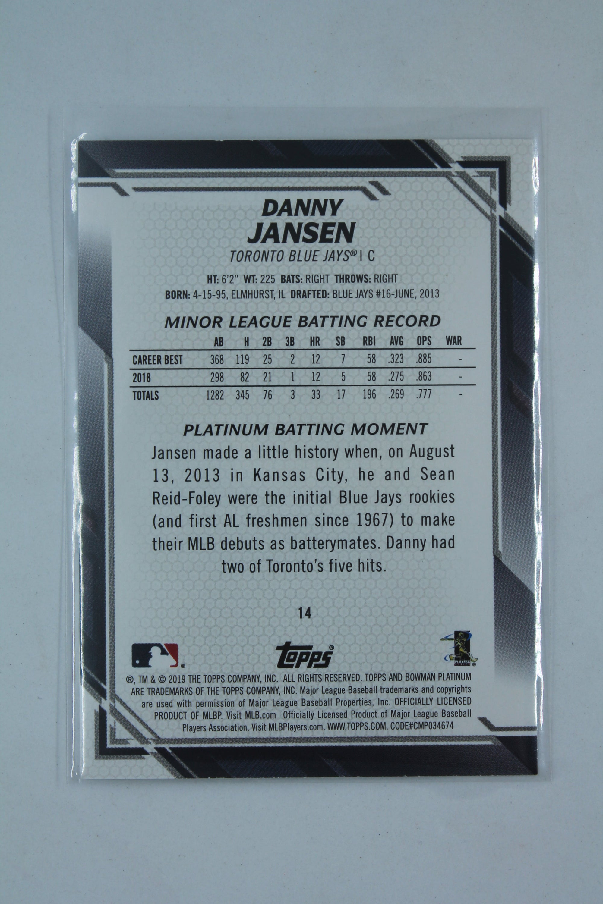 Danny Jansen 2019 Bowman Platinum Ice Refractor Rookie Card