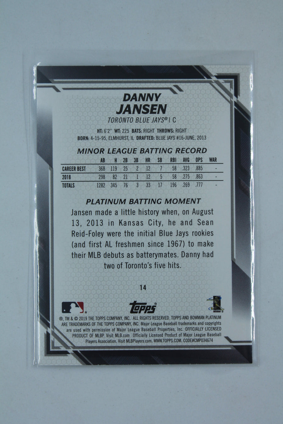 Danny Jansen 2019 Bowman Platinum Ice Refractor Rookie Card