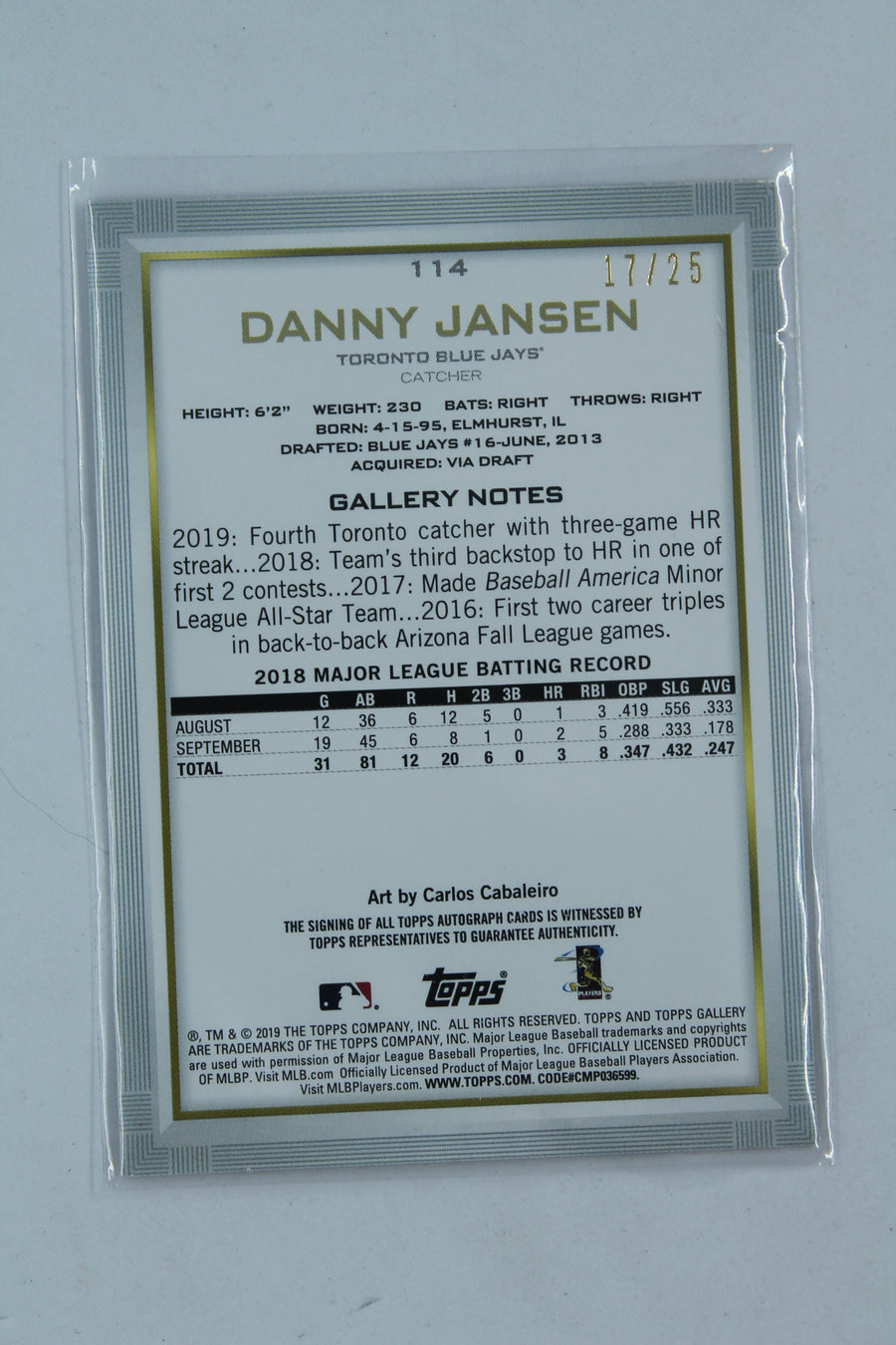 Danny Jansen 2019 Topps Gallery - Orange Autographs Rookie Card #17/25