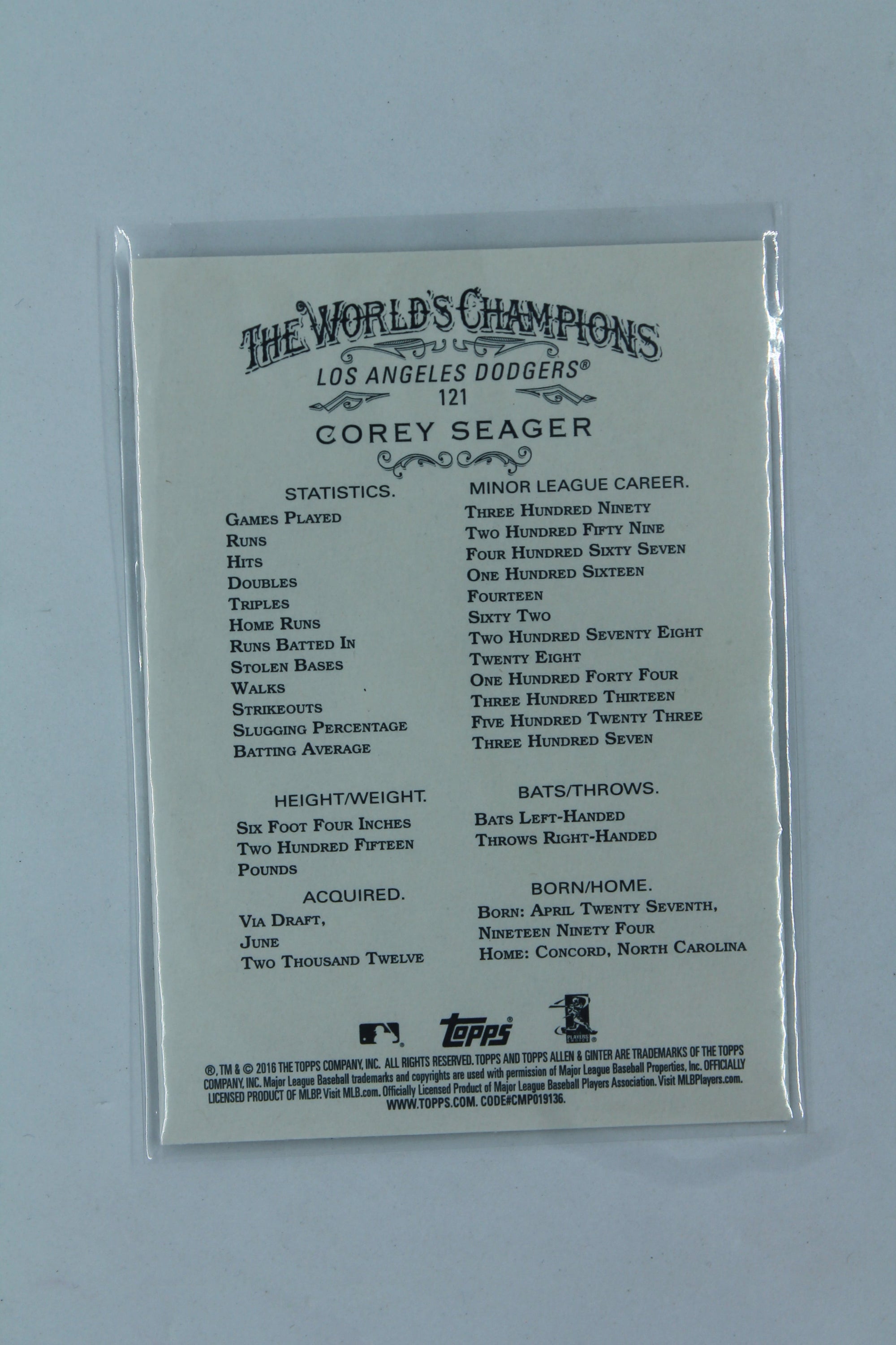 Corey Seager 2016 Allen & Ginter's Rookie Card