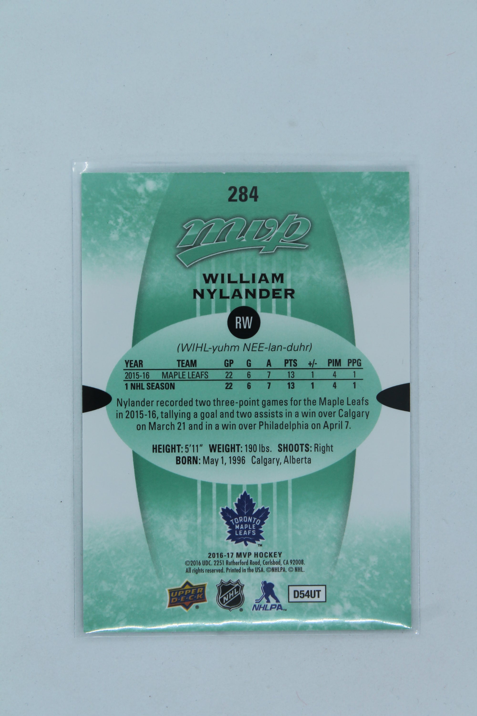 William Nylander 2016-17 Upper Deck MVP - Green Rookie Card
