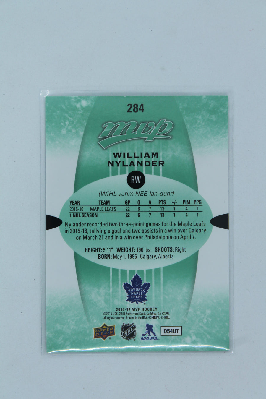 William Nylander 2016-17 Upper Deck MVP - Green Rookie Card